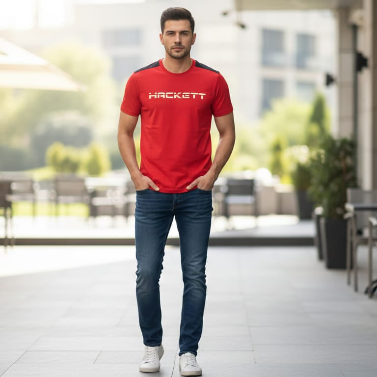 HACKETT Men's Performance Red Tee with Contrast Shoulder Panels