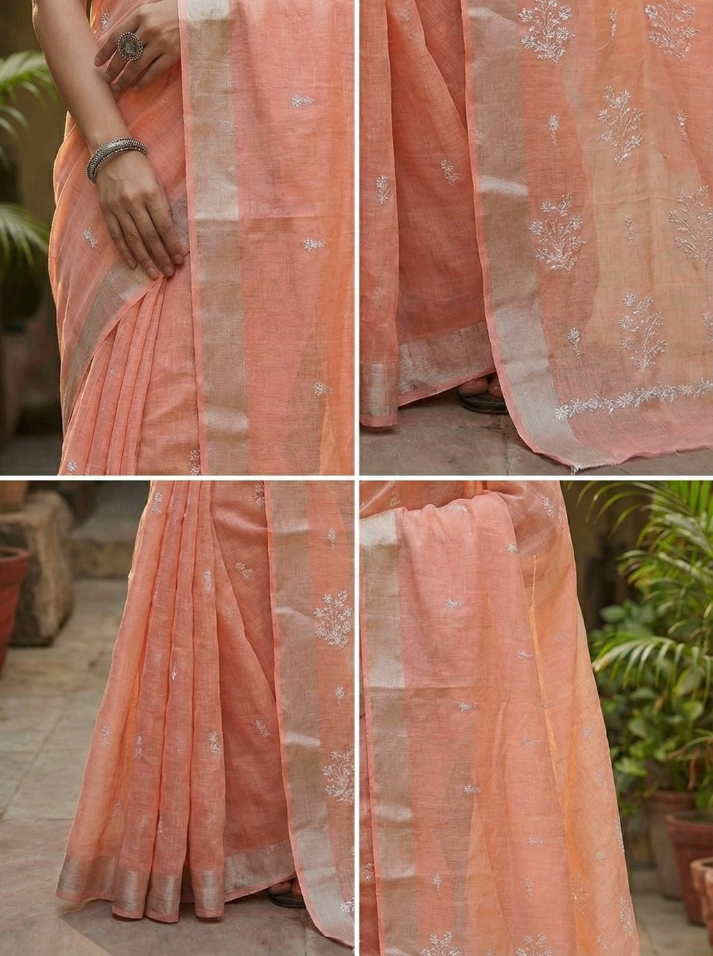 Ethnic Elegance Handcrafted Peach Chiffon Saree with Floral Embroidery