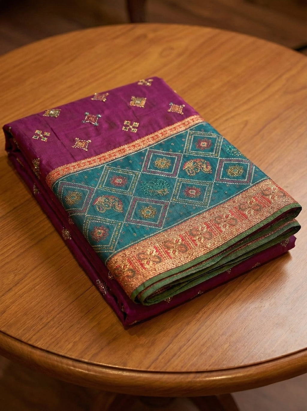 Elegant Weaves Traditional Purple and Teal Silk Saree with Intricate Border