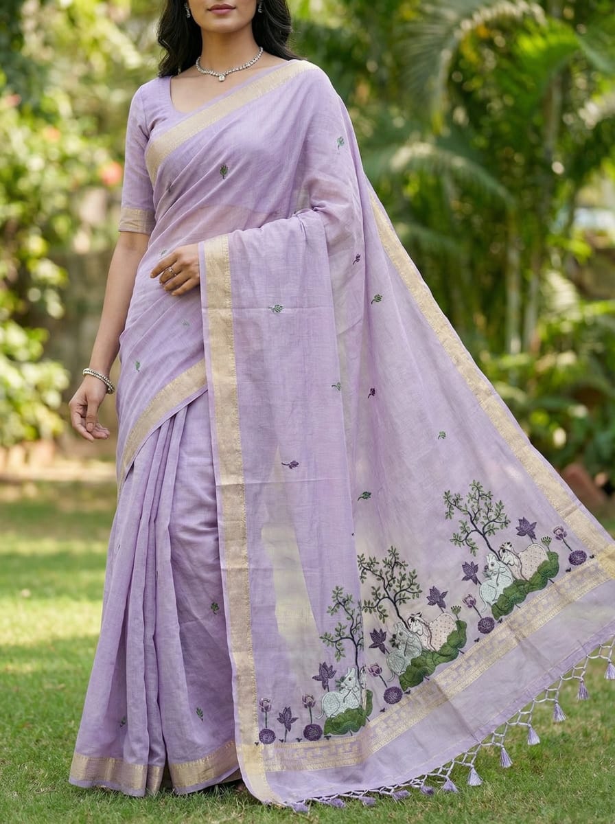 Elegant Threads Lavender Embroidered Saree with Matching Dupatta