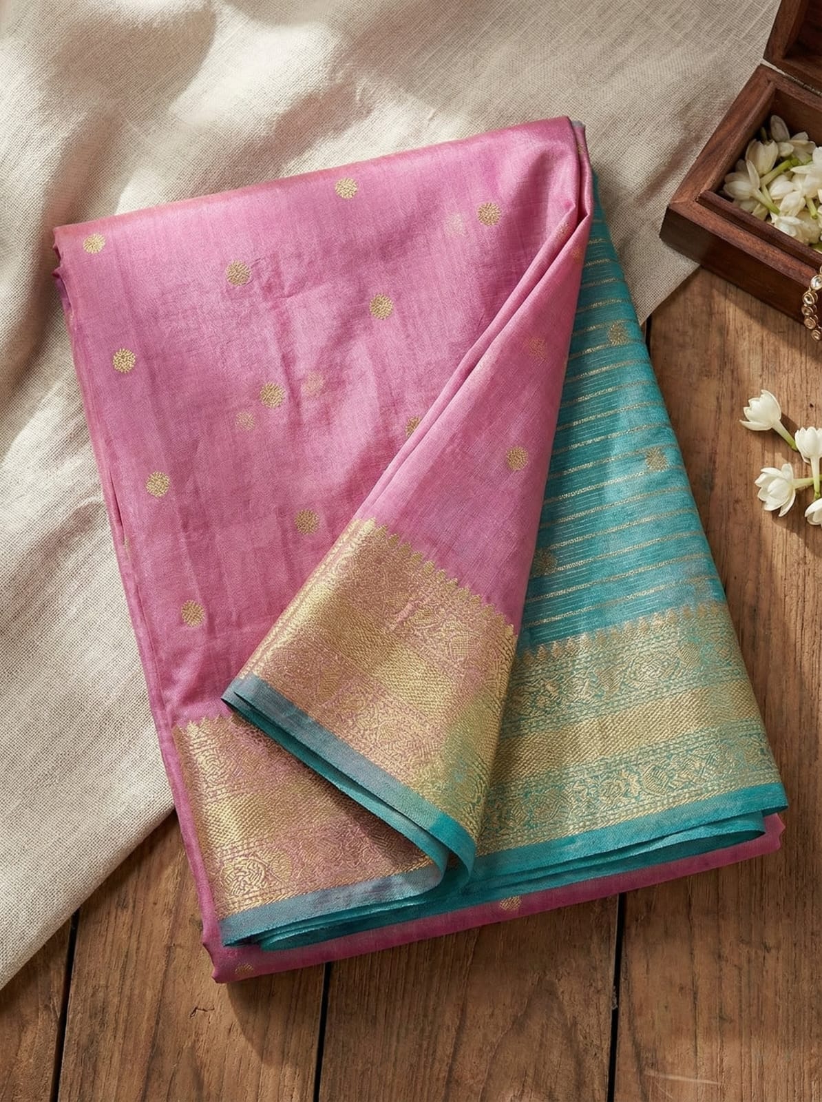 Elegant Weaves Ethereal Pink and Teal Silk Saree with Gold Accents