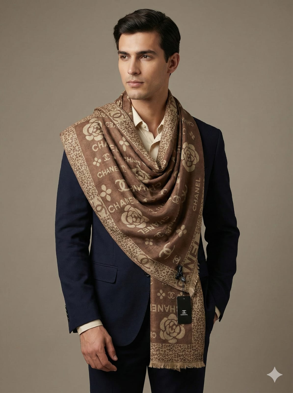 CHANEL Monogrammed Brown Cashmere Blend Scarf