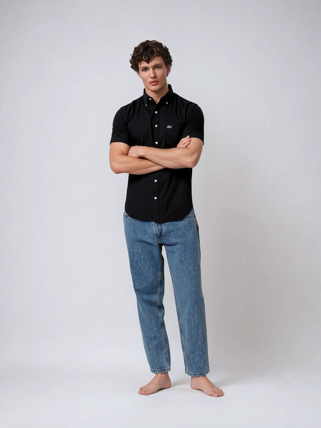 LACOSTE Onyx Noir Classic Fit Short Sleeve Button-Up Shirt