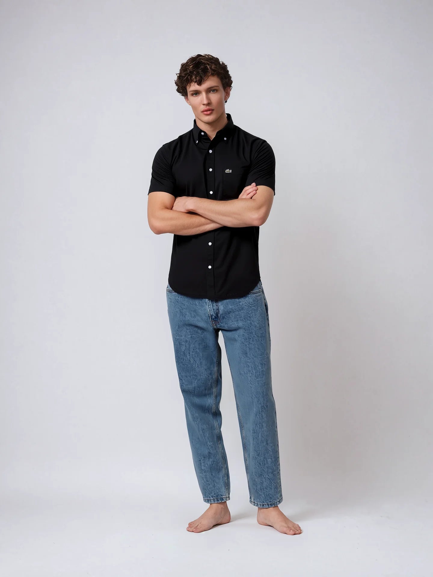 LACOSTE Onyx Noir Classic Fit Short Sleeve Button-Up Shirt