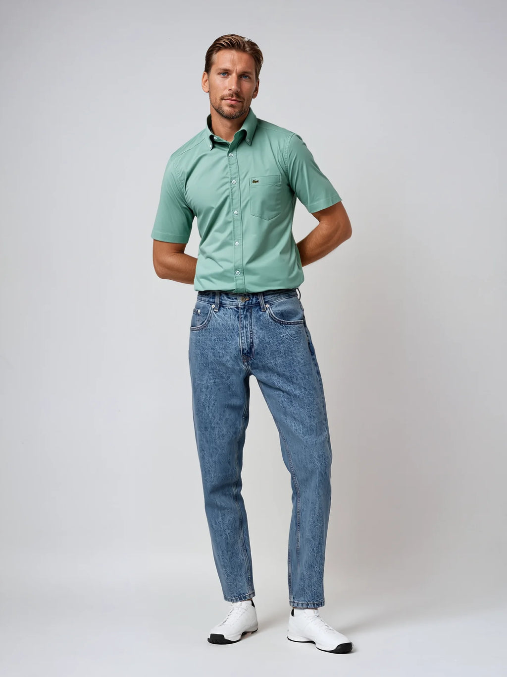 LACOSTE Serene Mint Classic Fit Short Sleeve Button-Up Shirt