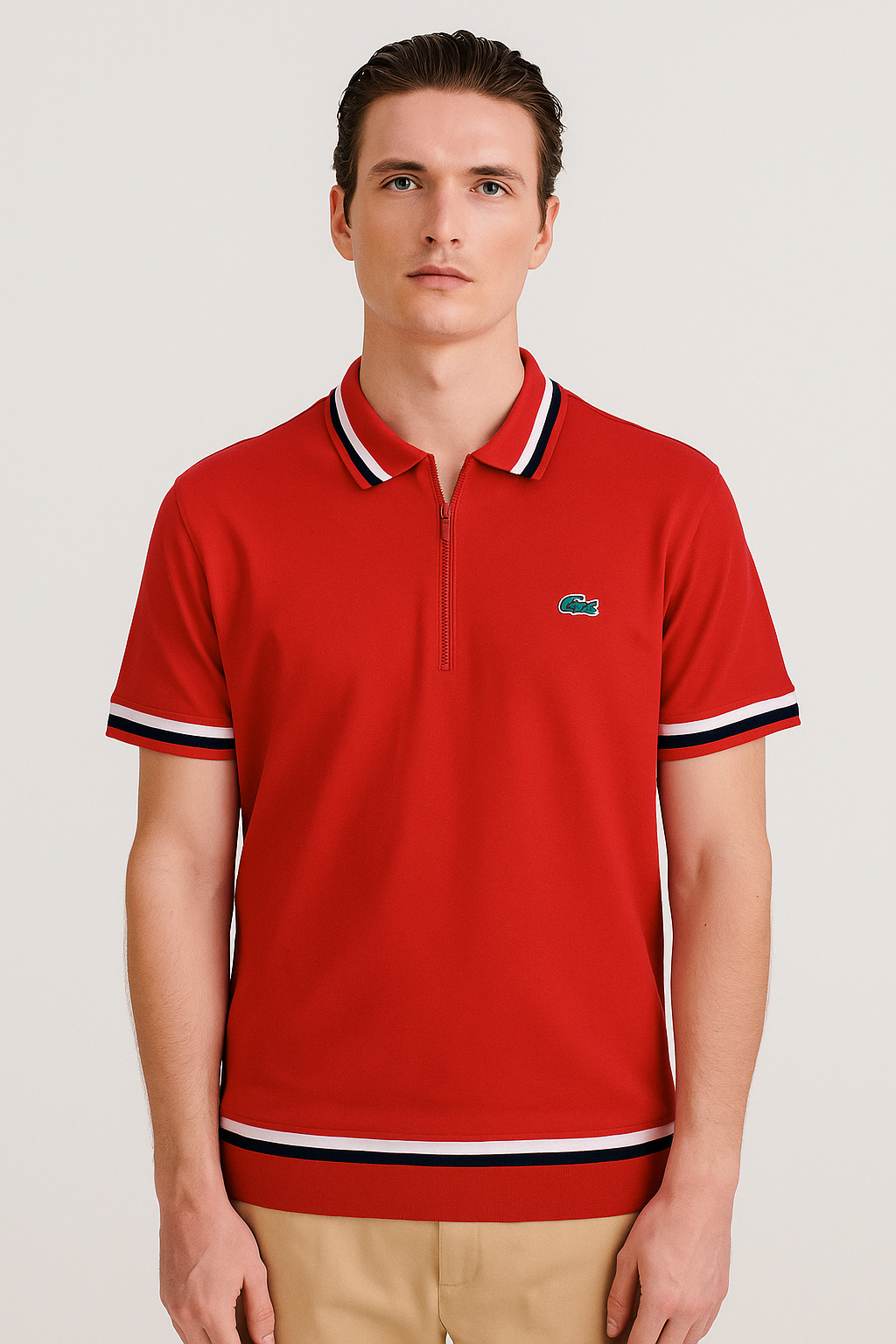 LACOSTE Radiant Ruby Tailored Fit Short Sleeve Zip Polo with Contrast Stripes