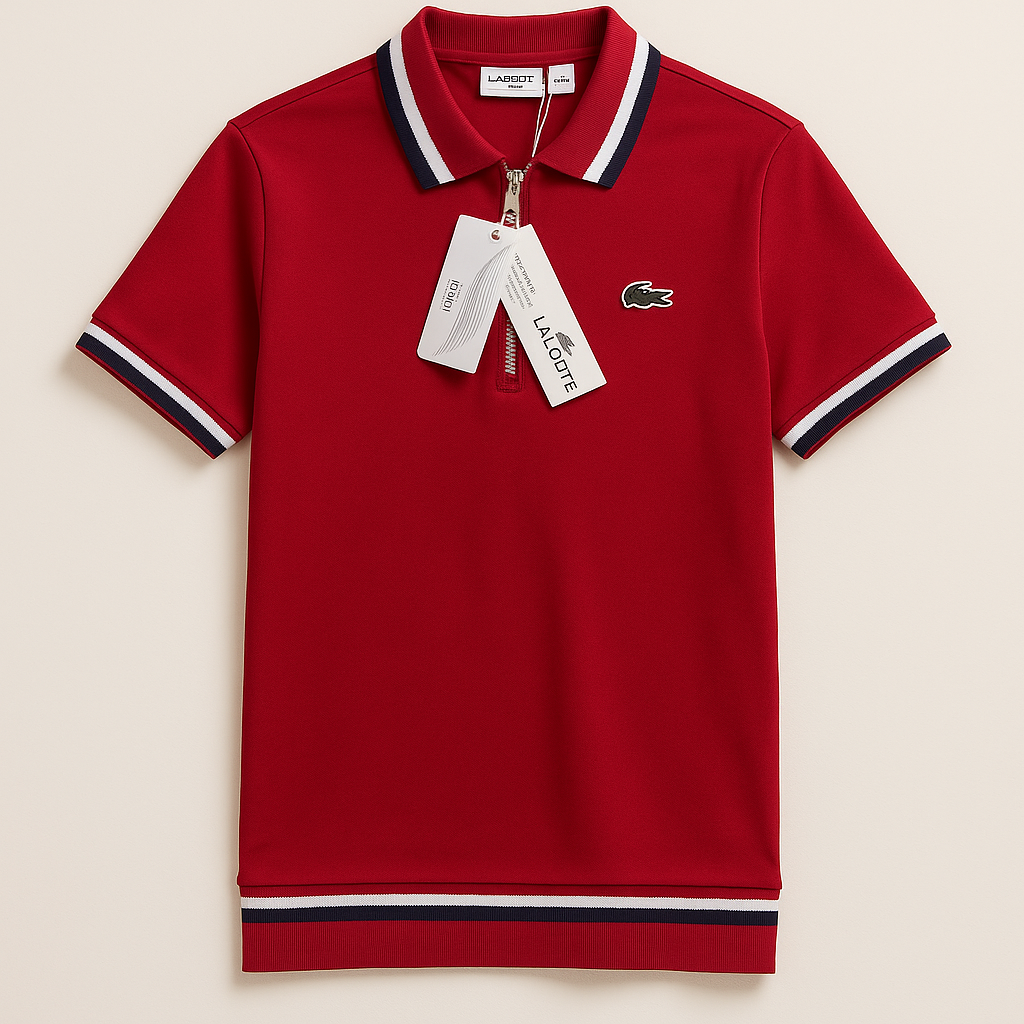 LACOSTE Radiant Ruby Tailored Fit Short Sleeve Zip Polo with Contrast Stripes