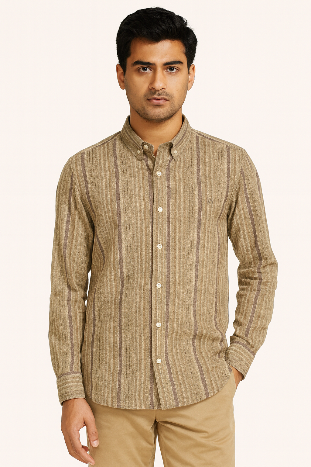 BROOKS BROTHERS Serene Sand Tailored Fit Long Sleeve Striped Shirt