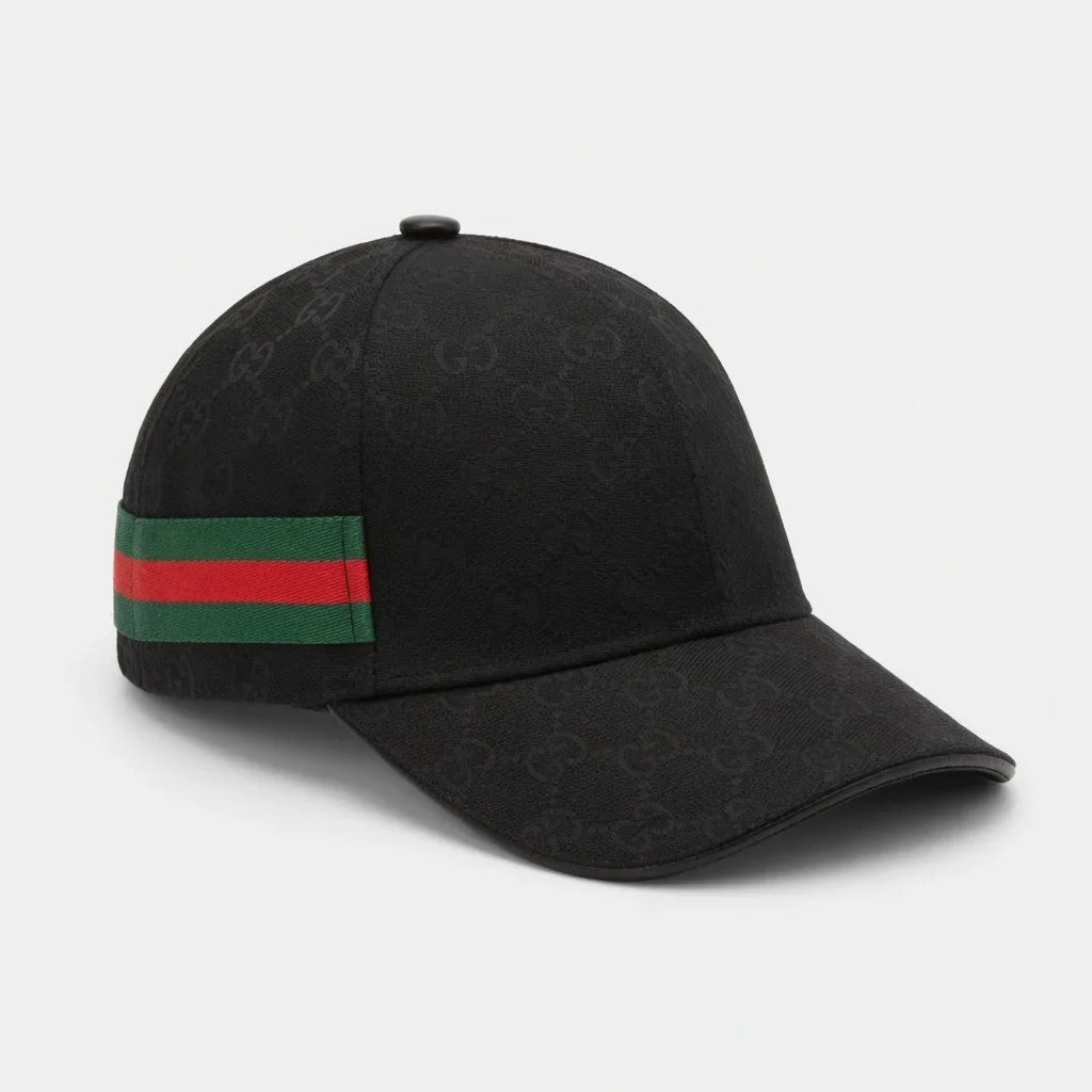 Gucci Monogram Black Baseball Cap with Web Stripe