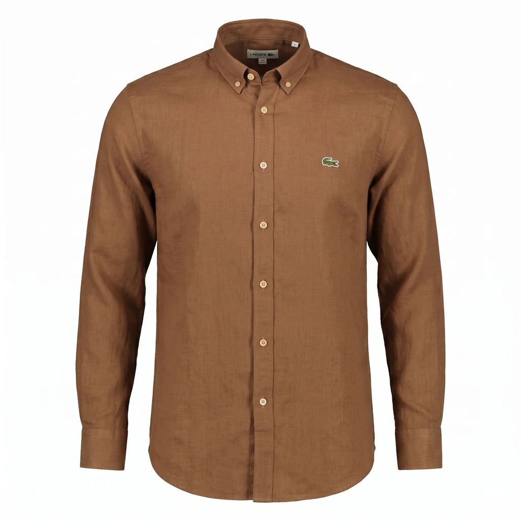 Lacoste Classic Fit Linen Button-Down Shirt in Brown