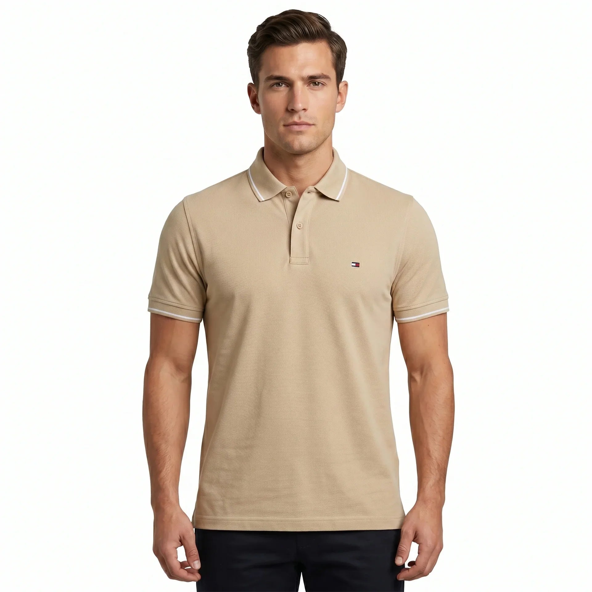 Tommy Hilfiger Classic Fit Polo Shirt in Beige with Contrast Trim