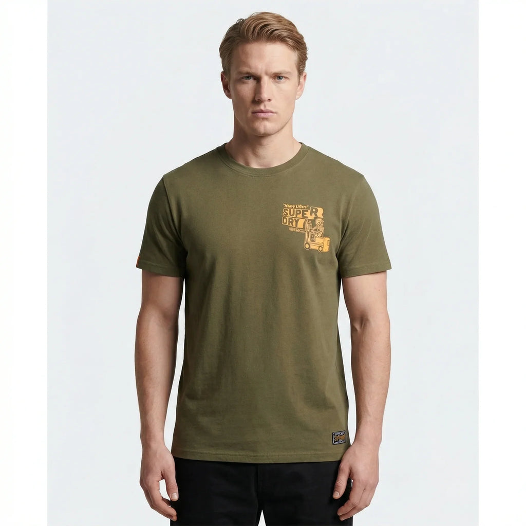 SUPERDRY Men's Vinage Distressed Gold Text Logo Slub Cotton Lycra T-Shirt In Olive Green