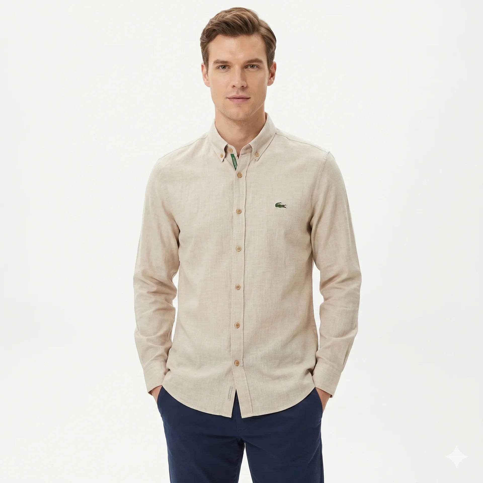 Lacoste Men's Casual Linen Blend Button-Up Shirt