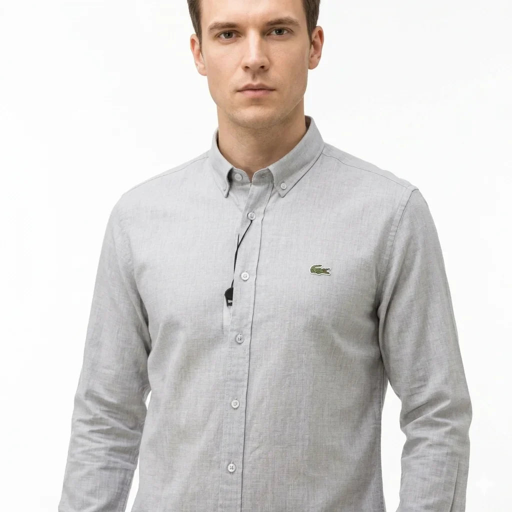 Lacoste Classic Fit Button-Down Linen Shirt in Light Grey