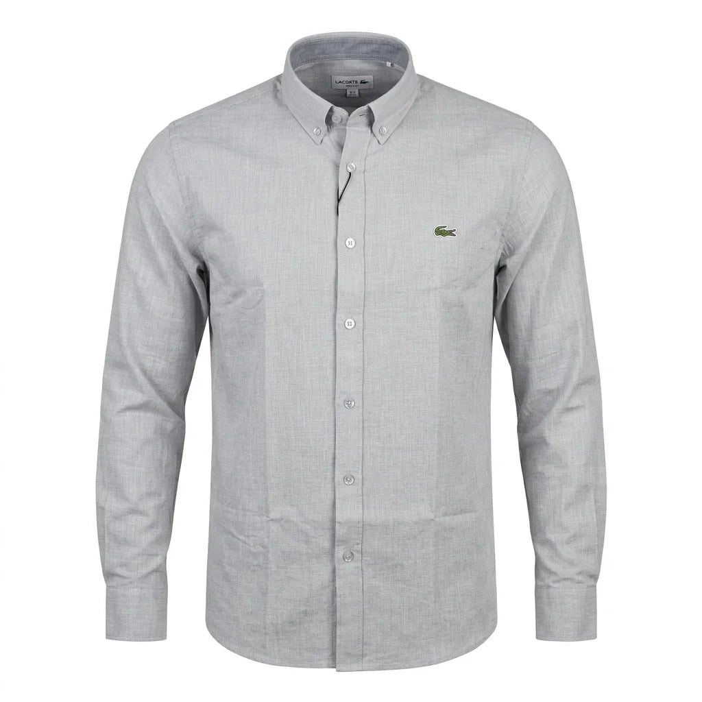 Lacoste Classic Fit Button-Down Linen Shirt in Light Grey