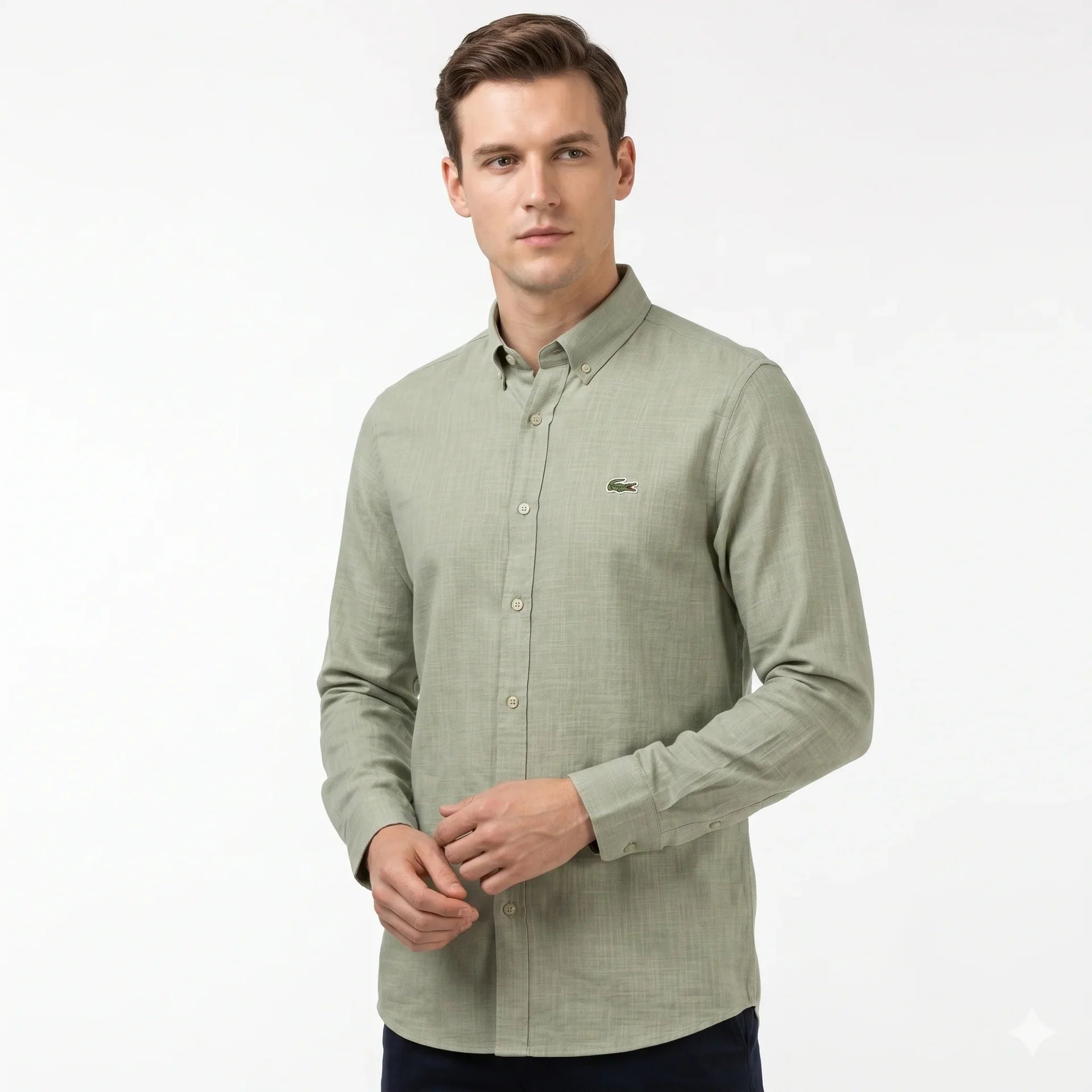 Lacoste Classic Fit Long Sleeve Button-Down Linen Shirt in Olive Green