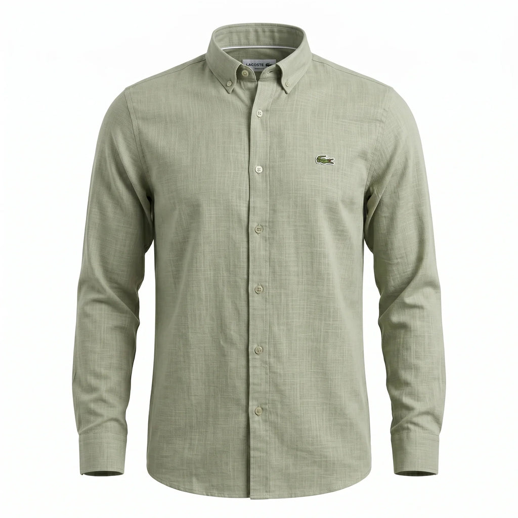 Lacoste Classic Fit Long Sleeve Button-Down Linen Shirt in Olive Green