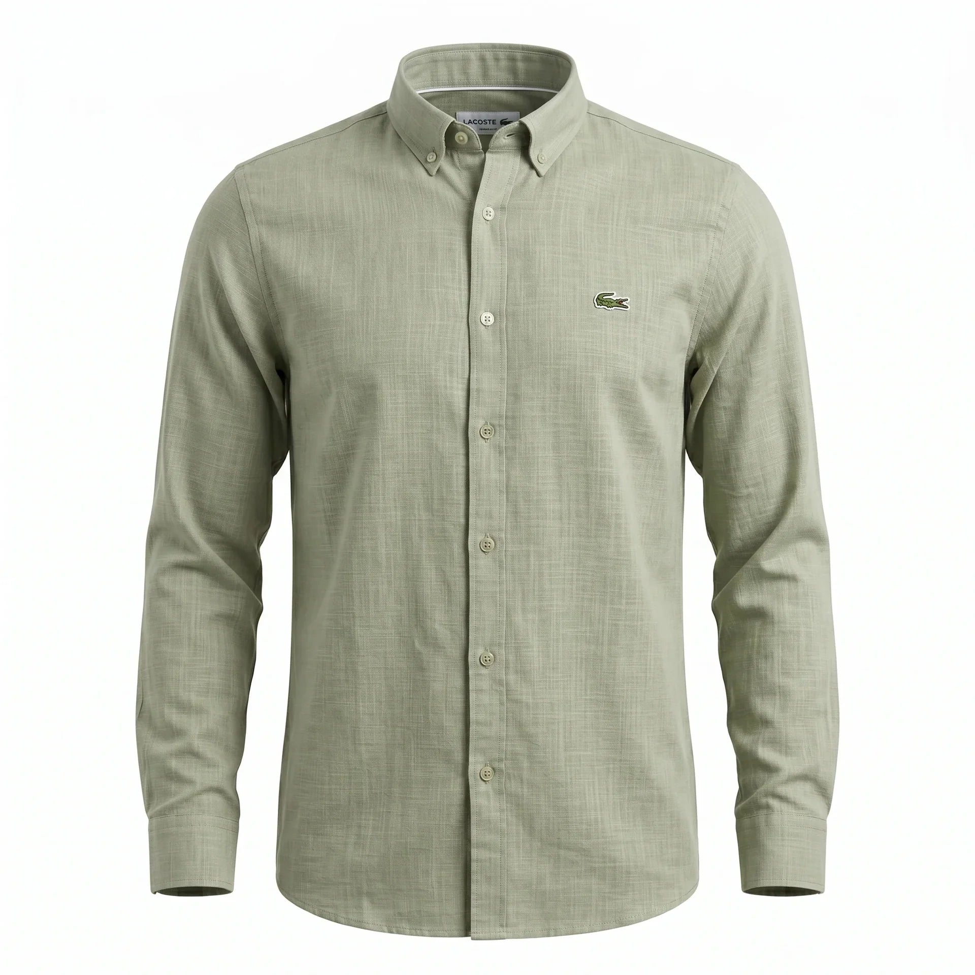 Lacoste Classic Fit Long Sleeve Button-Down Linen Shirt in Olive Green
