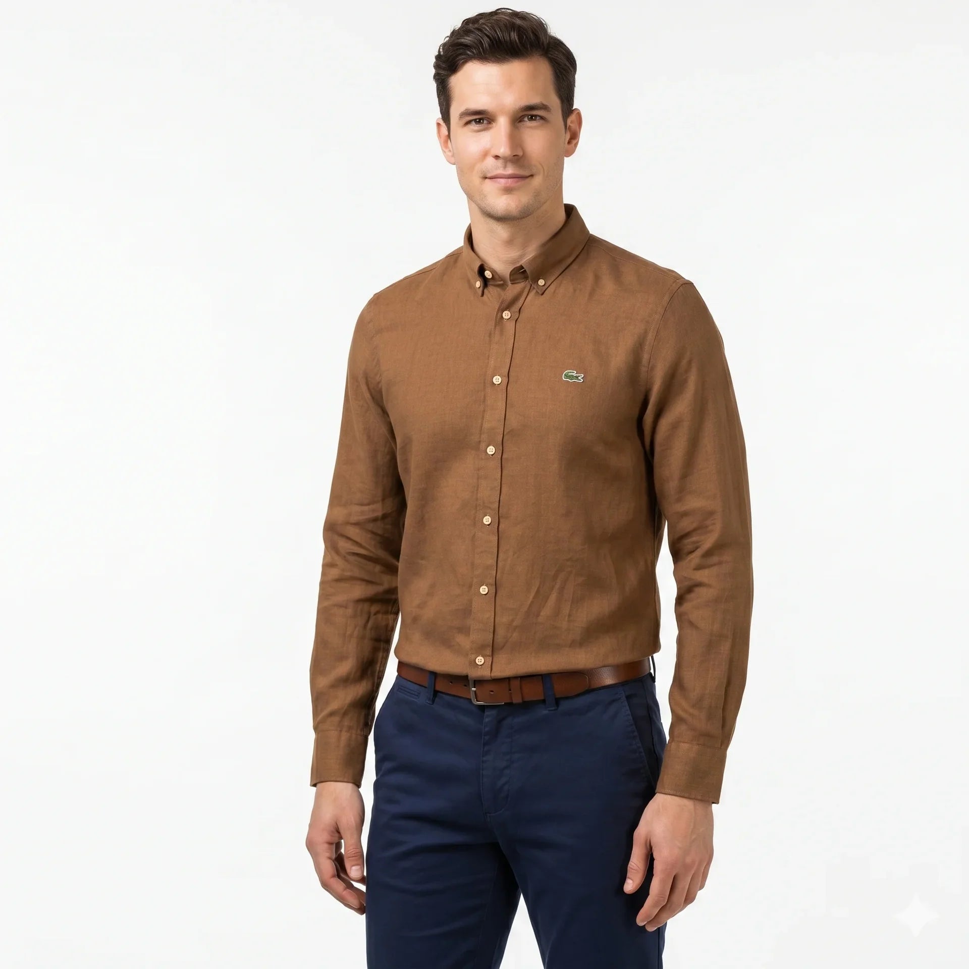 Lacoste Classic Fit Linen Button-Down Shirt in Brown