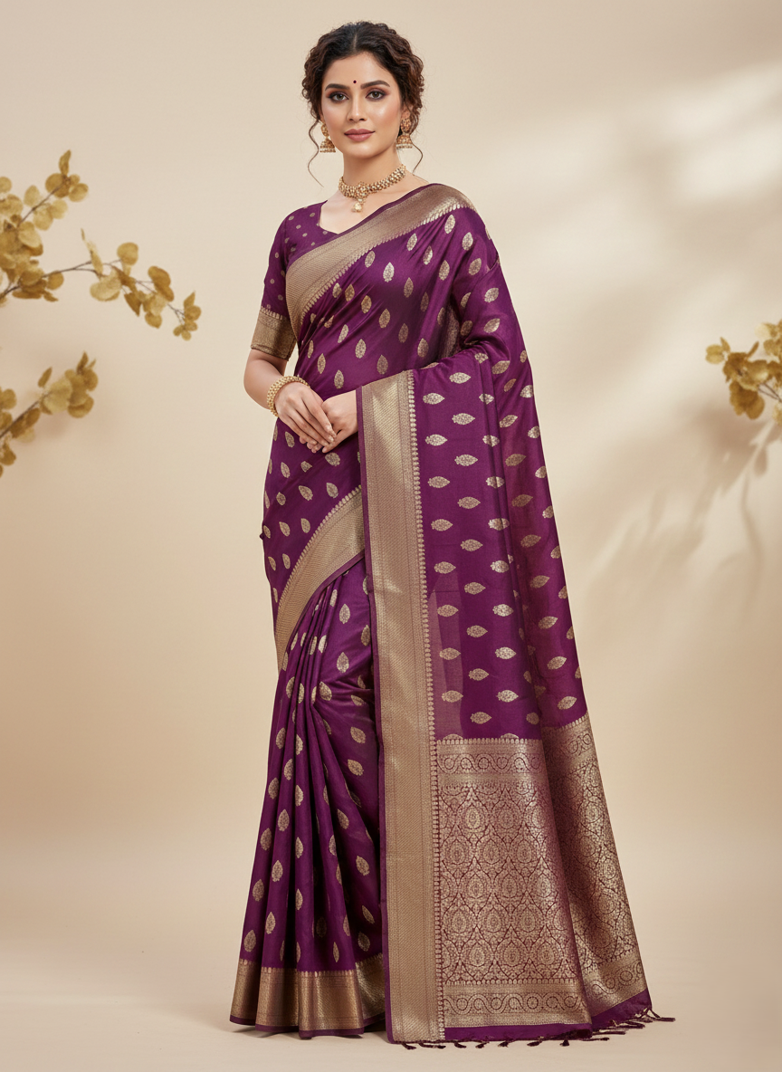 Elegant Weaves Rich Purple Silk Saree with Gold Leaf Motifs