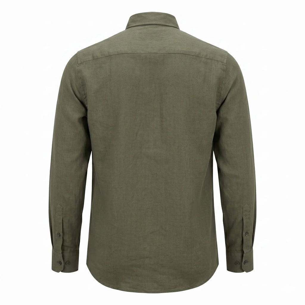 Lacoste Classic Fit Long Sleeve Button-Up Linen Shirt in Olive Green