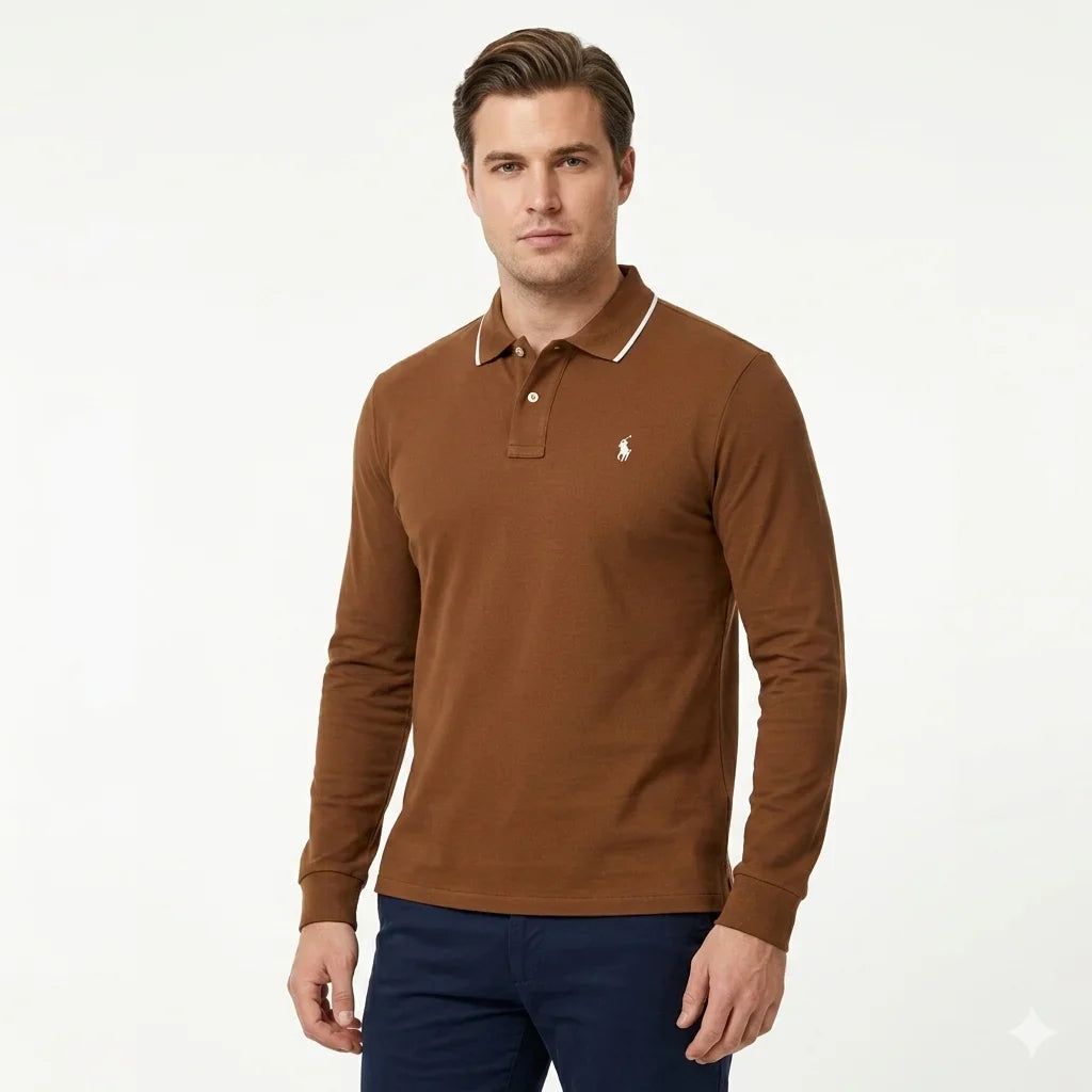 Polo Ralph Lauren Long Sleeve Classic Fit Cotton Polo Shirt in Brown