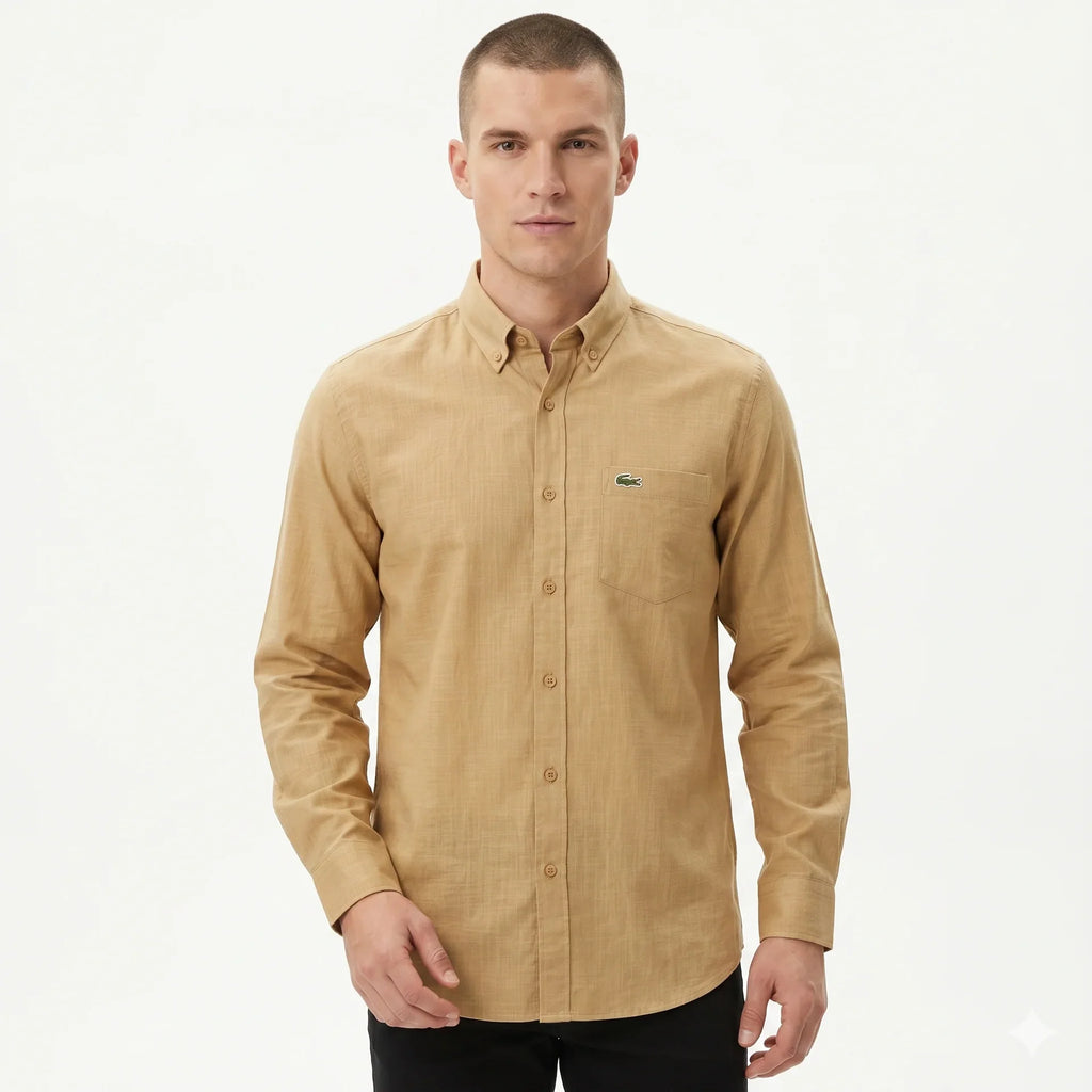 Lacoste Classic Fit Button-Up Linen Shirt in Beige