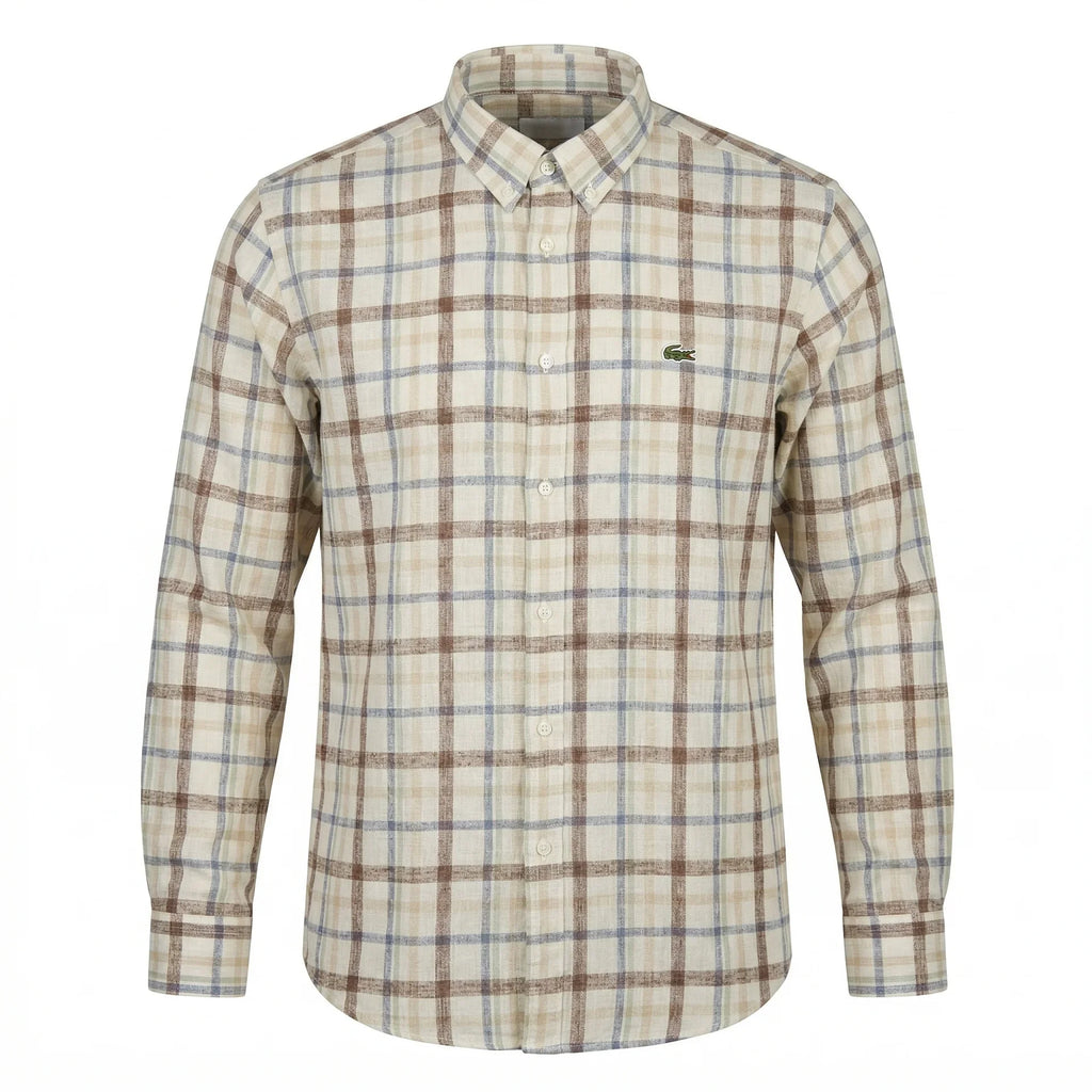LACOSTE Men's Slim Fit Linen Blend Checkered Full Sleeve Button-Down Shirt