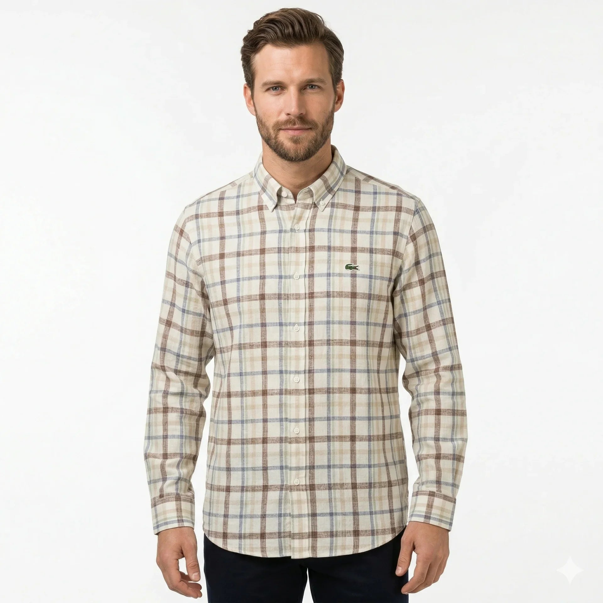 LACOSTE Men's Slim Fit Linen Blend Checkered Full Sleeve Button-Down Shirt