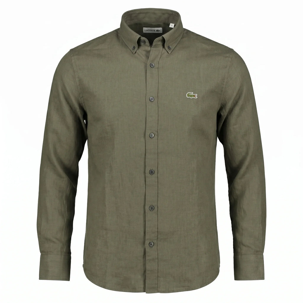 Lacoste Classic Fit Long Sleeve Button-Up Linen Shirt in Olive Green
