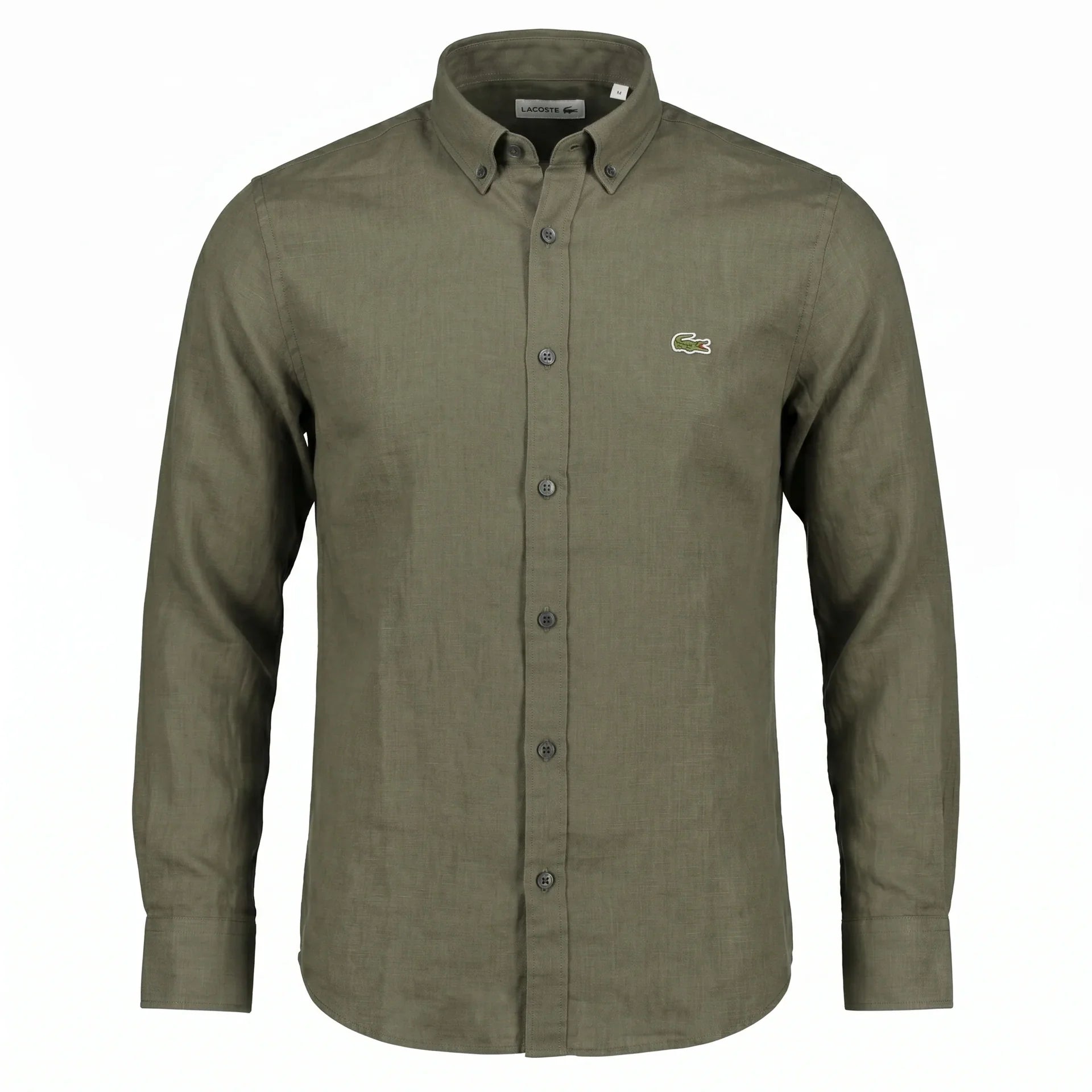 Lacoste Classic Fit Long Sleeve Button-Up Linen Shirt in Olive Green