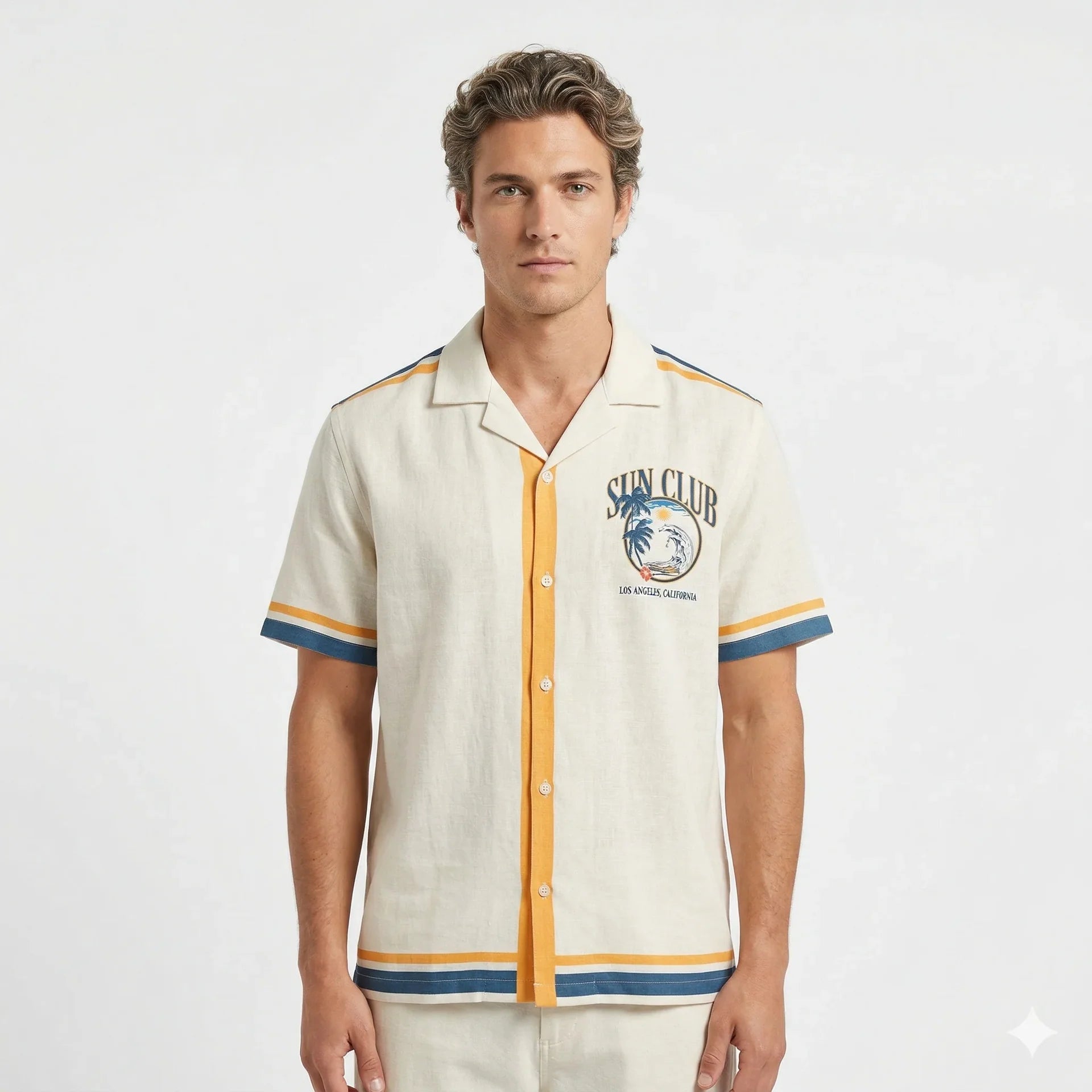 AGENT SPARROW Printed Square Fit Half Sleeve Cotton Shirt with Yellow Stripe