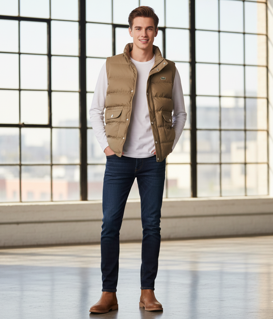 LACOSTE Dune Beige Contemporary Fit Puffer Vest