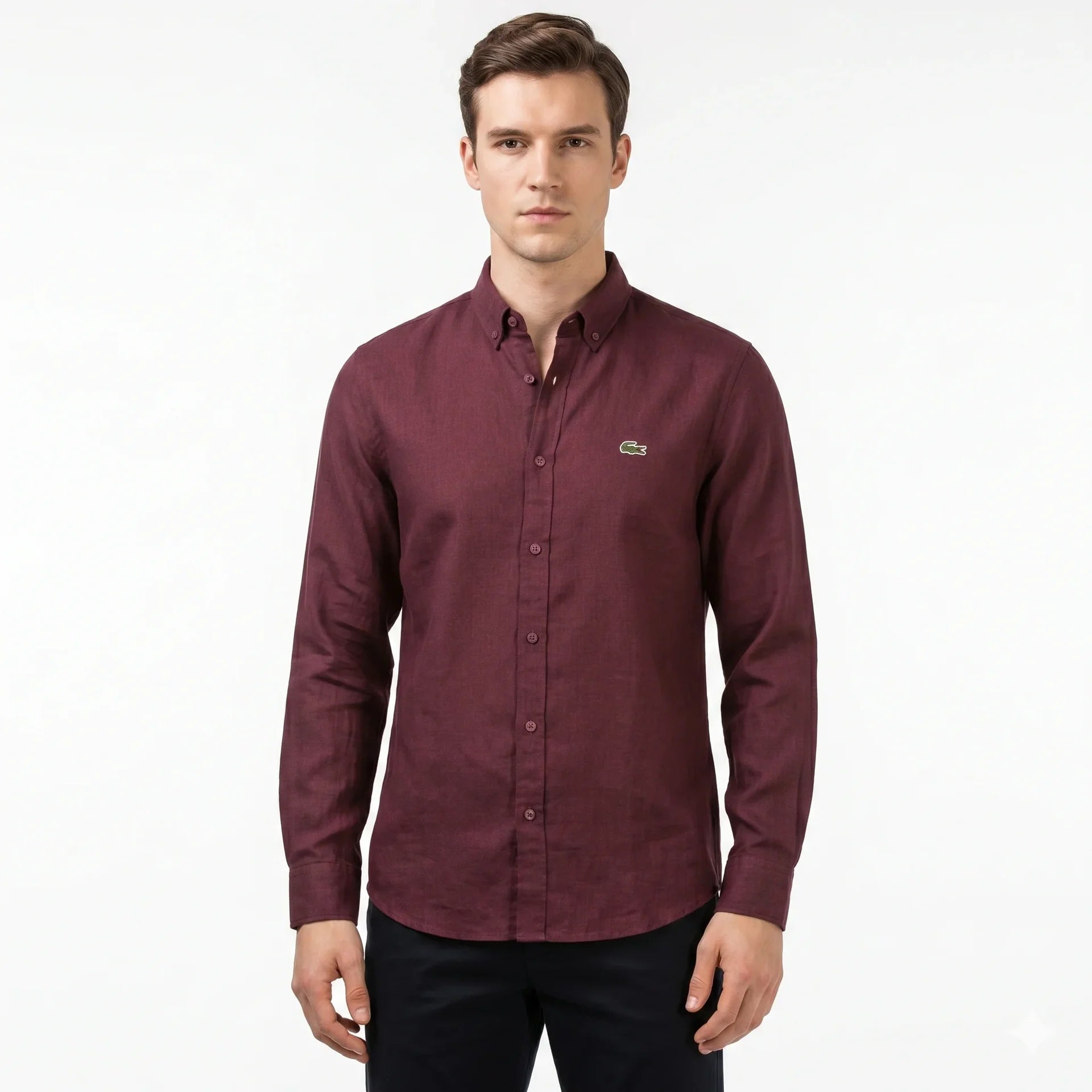 Lacoste Classic Fit Long Sleeve Button-Up Linen Shirt in Burgundy