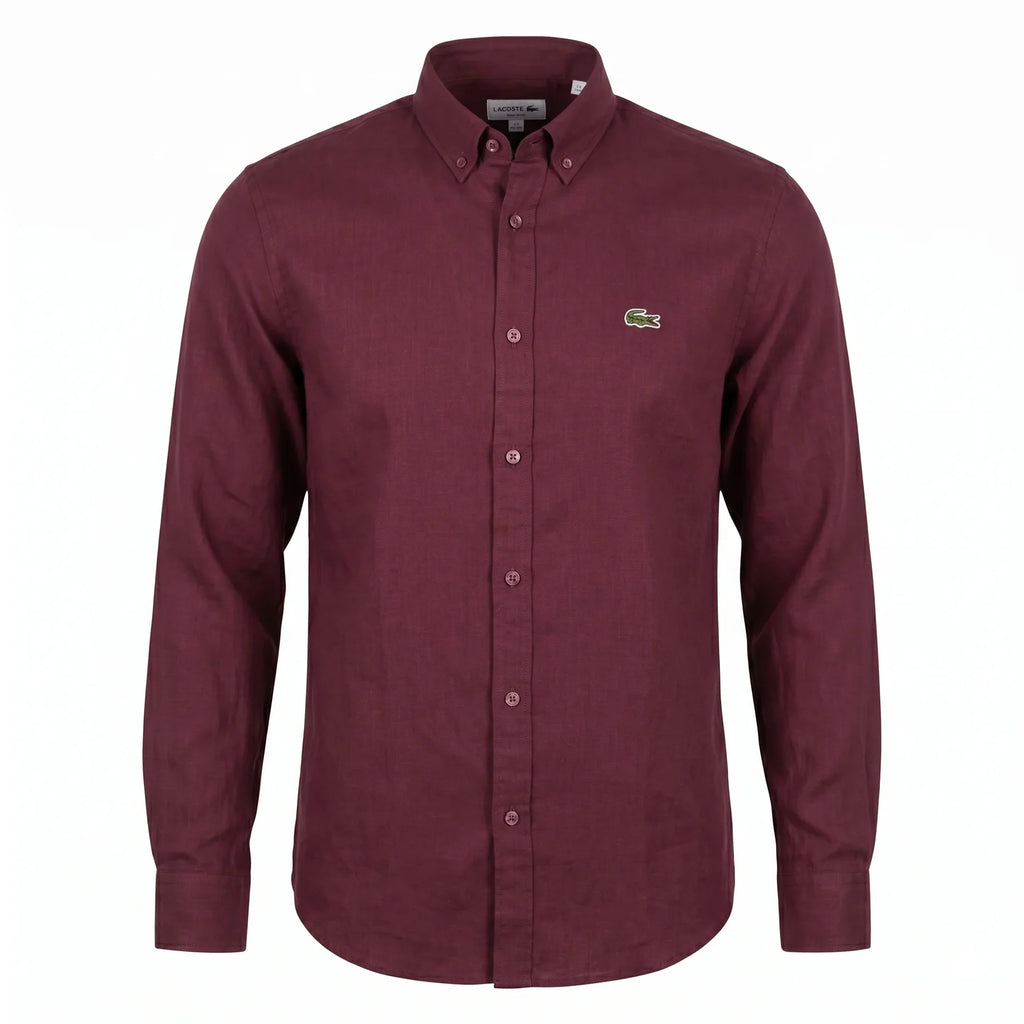 Lacoste Classic Fit Long Sleeve Button-Up Linen Shirt in Burgundy