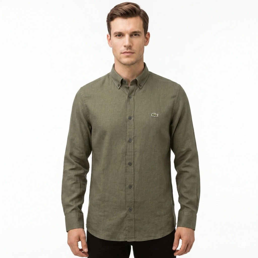 Lacoste Classic Fit Long Sleeve Button-Up Linen Shirt in Olive Green