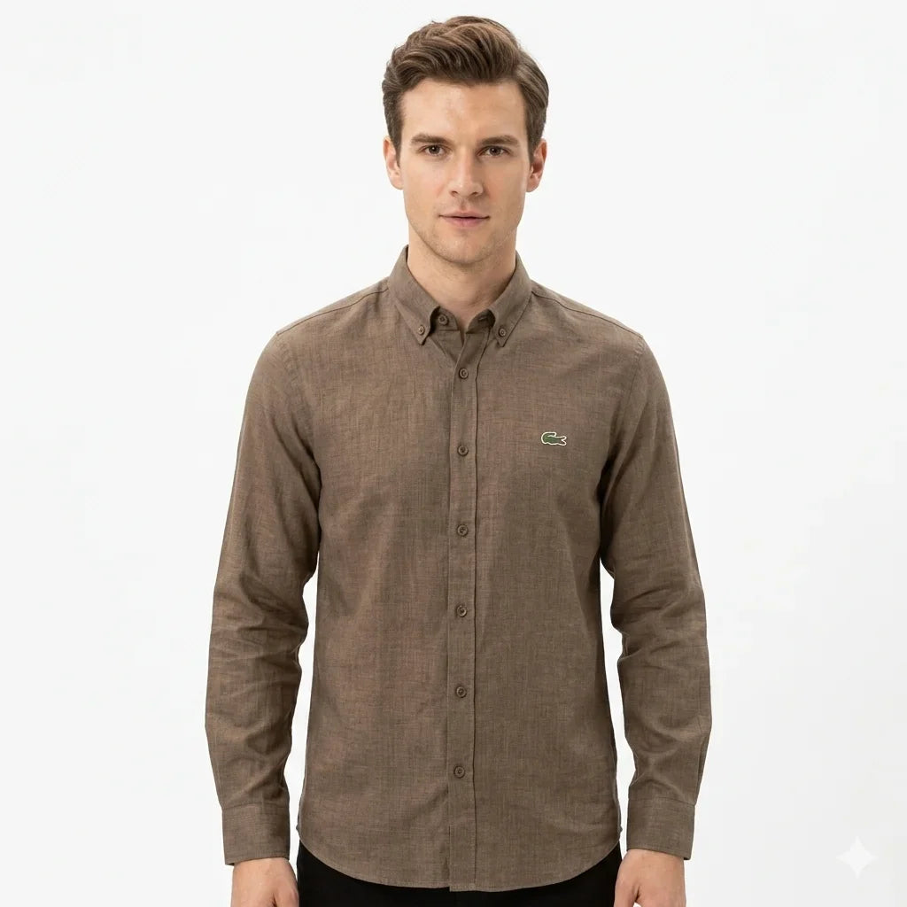Lacoste Classic Fit Button-Down Linen Shirt in Earthy Brown