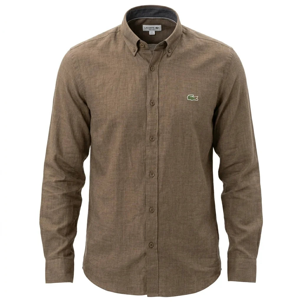 Lacoste Classic Fit Button-Down Linen Shirt in Earthy Brown