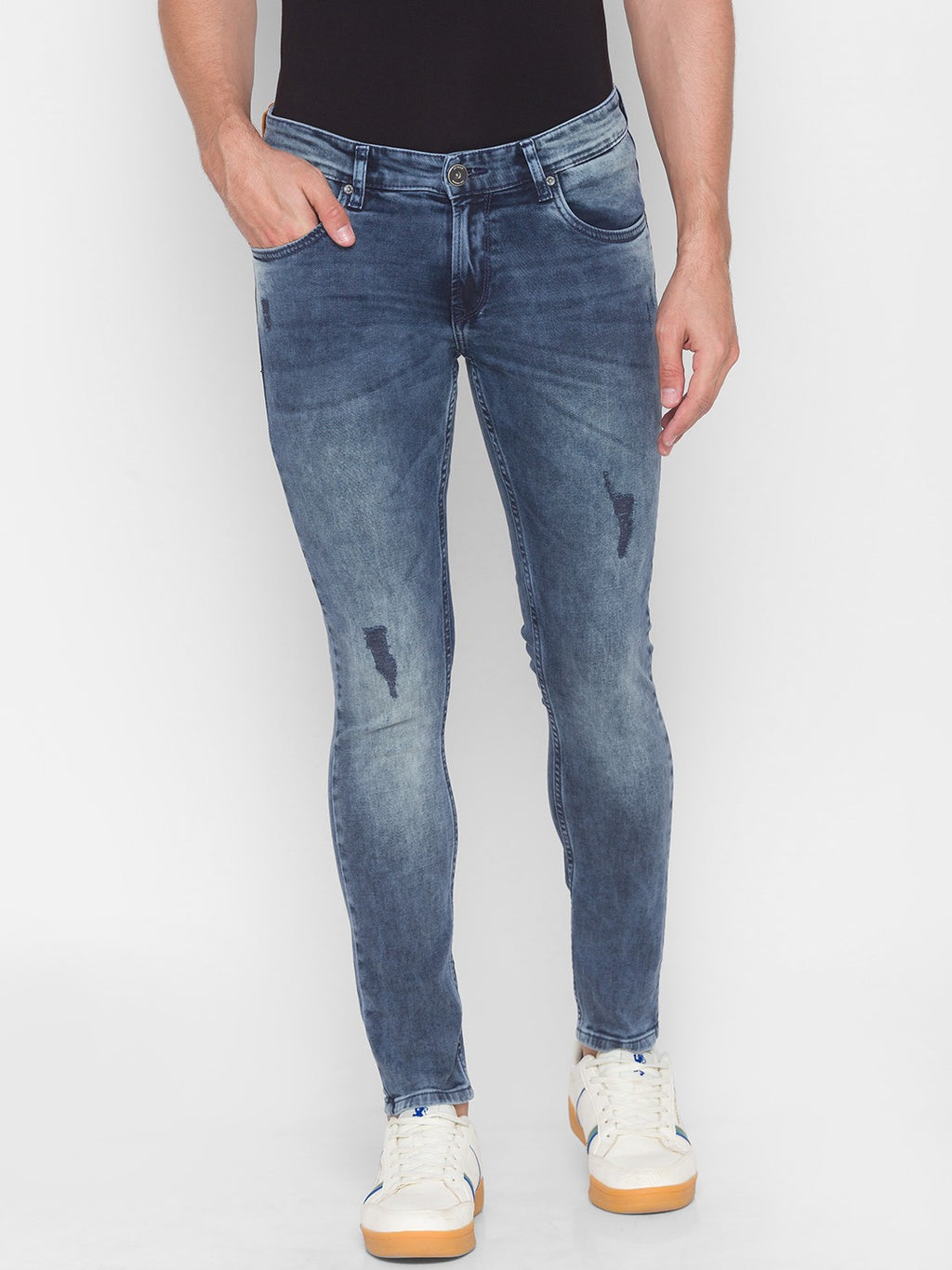 SPYKAR Slim Fit Distressed Jeans in Blue Wash