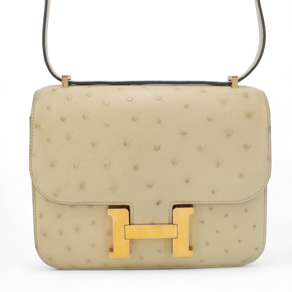 HERMÈS Sunlit Champagne Luxe Ostrich Leather Crossbody Bag with Signature H Closure