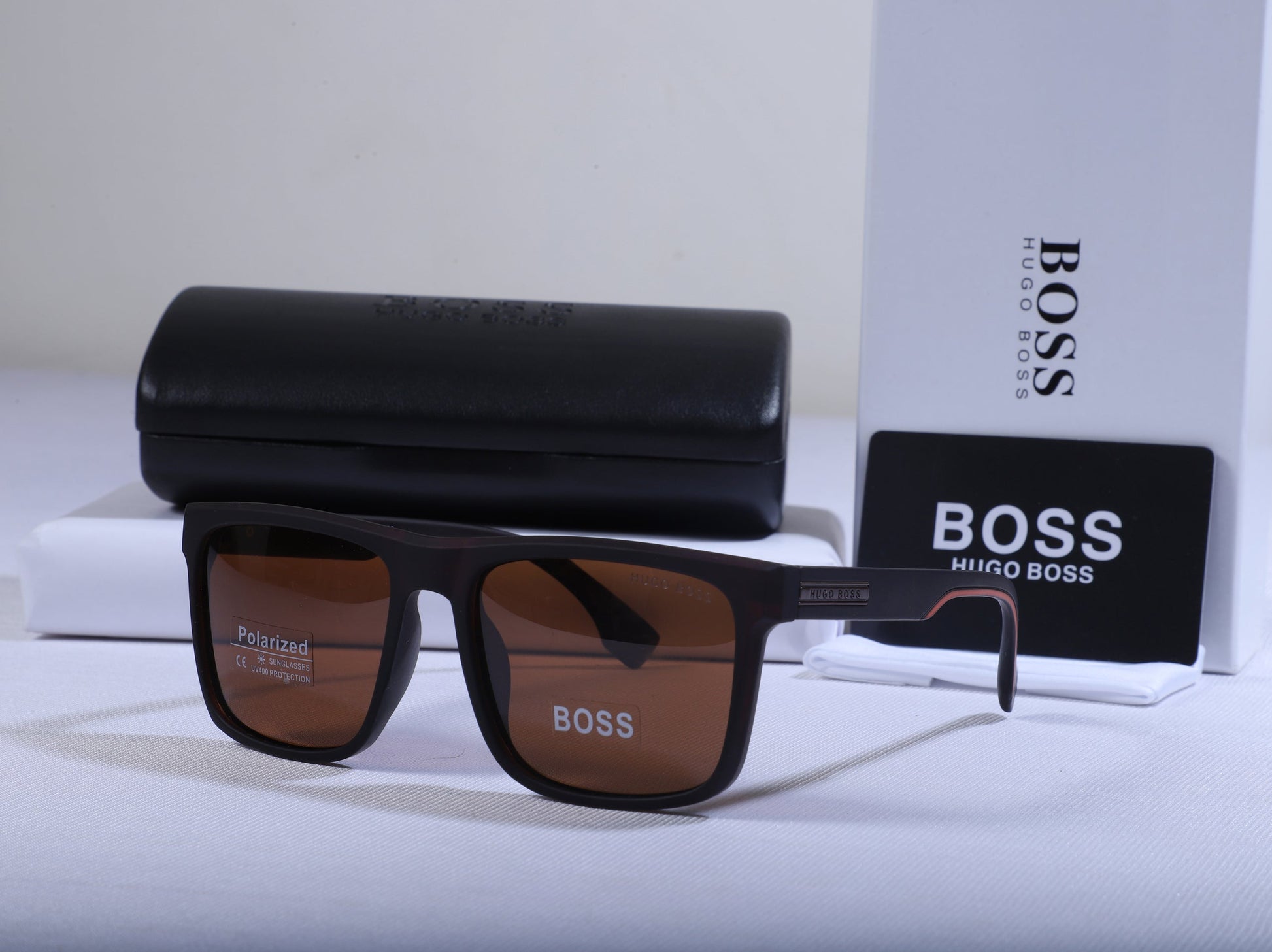 BOSS Midnight Amber Bold Frame Polarized Square Sunglasses with Case