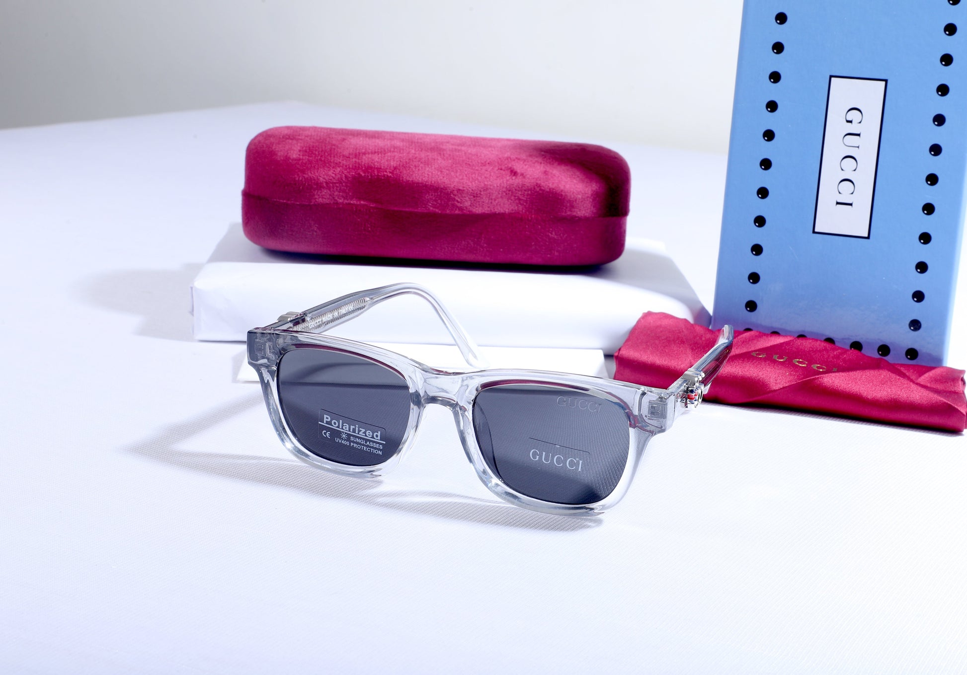 GUCCI Ethereal Quartz Sleek Fit Polarized Transparent Frame Sunglasses