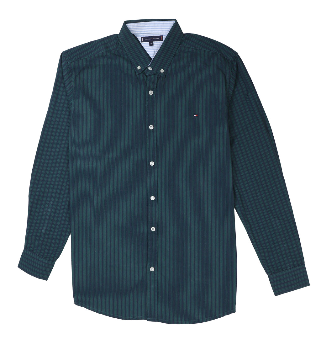 TOMMY HILFIGER Deep Ocean Green Tailored Fit Long Sleeve Striped Button-Down Shirt