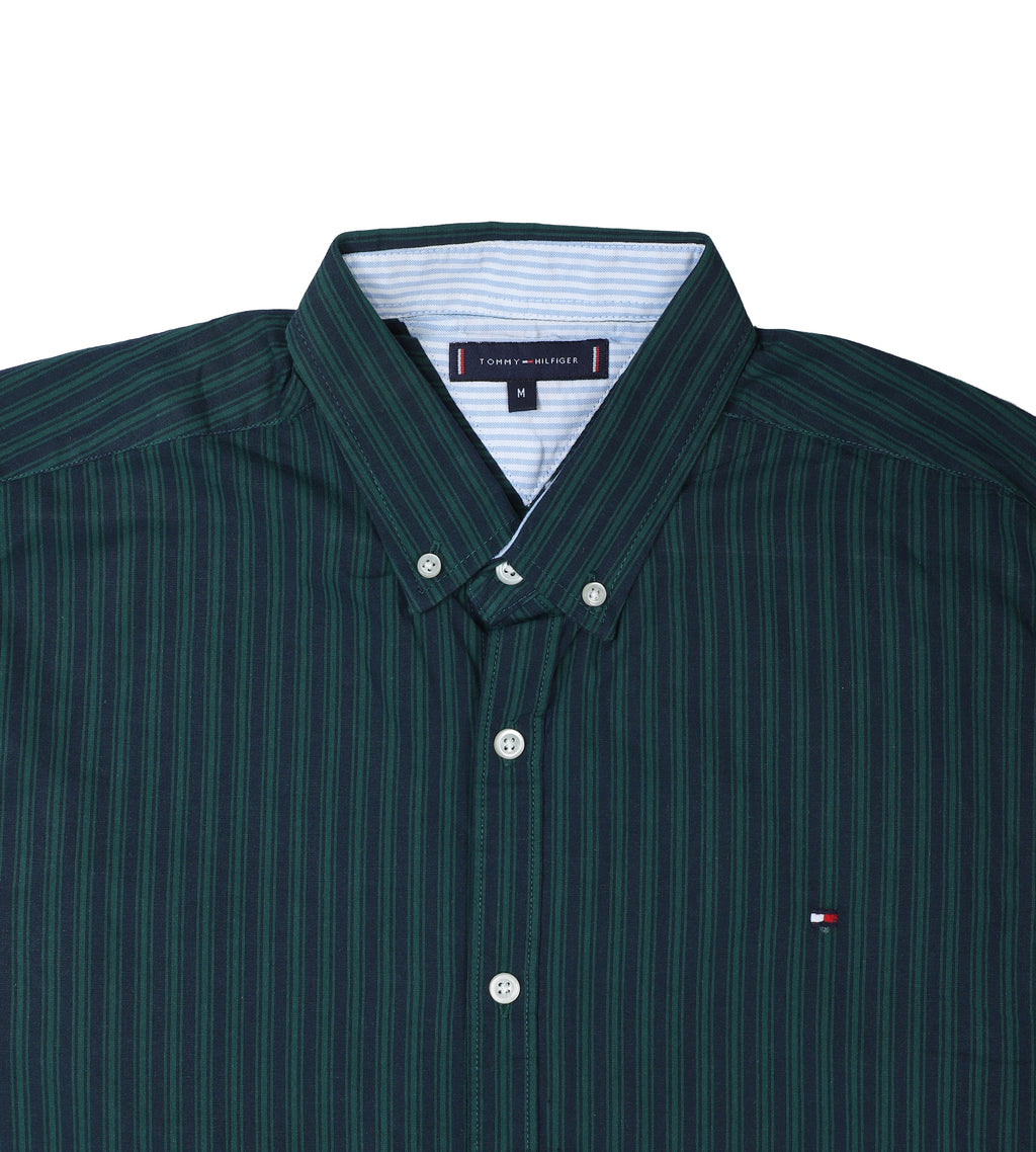 TOMMY HILFIGER Deep Ocean Green Tailored Fit Long Sleeve Striped Button-Down Shirt