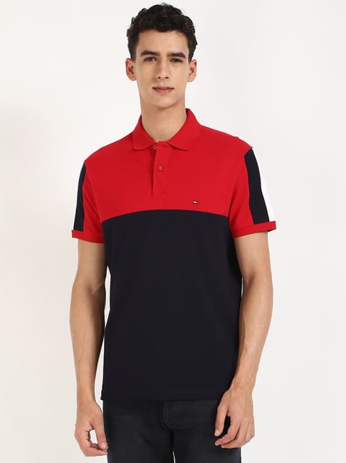 TOMMY HILFIGER Crimson & Midnight Color Block Slim Fit Short Sleeve Polo