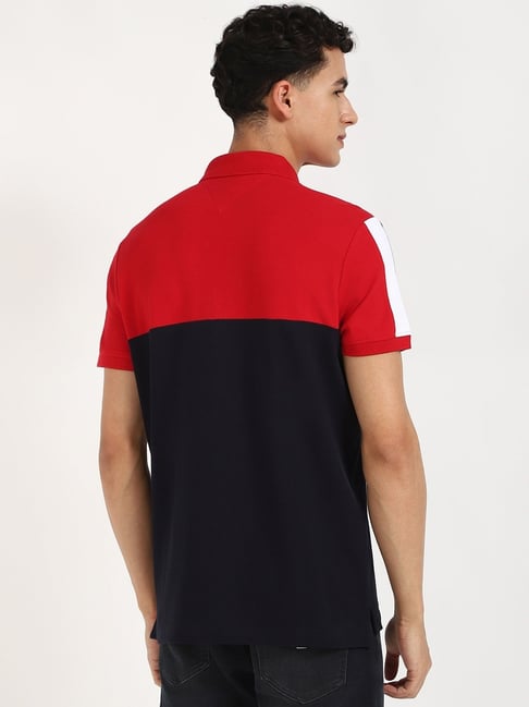 TOMMY HILFIGER Crimson & Midnight Color Block Slim Fit Short Sleeve Polo