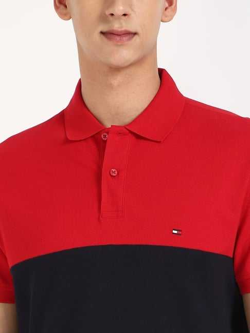 TOMMY HILFIGER Crimson & Midnight Color Block Slim Fit Short Sleeve Polo