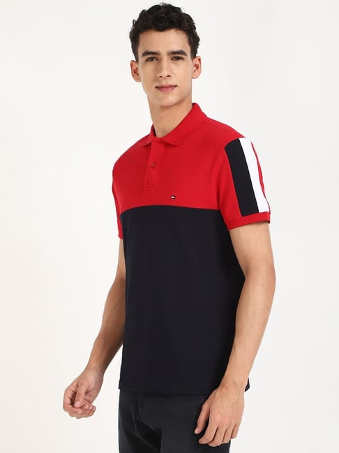 TOMMY HILFIGER Crimson & Midnight Color Block Slim Fit Short Sleeve Polo