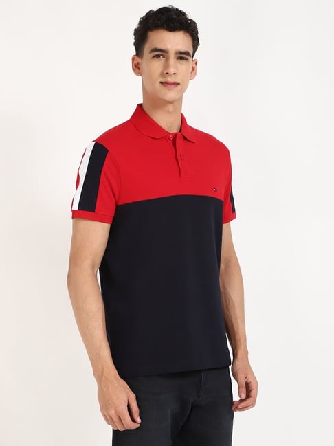 TOMMY HILFIGER Crimson & Midnight Color Block Slim Fit Short Sleeve Polo