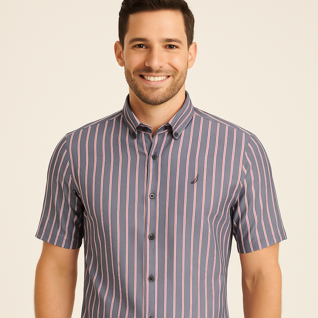 NAUTICA Dusk Blue Slim Fit Stretch Short Sleeve Striped Shirt